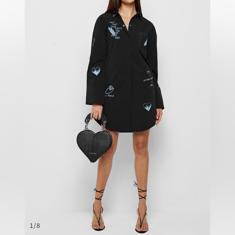 MANIERE DE VOIR BLACK AND BLUE LONG SLEEVE GRAFFITI SHIRT DRESS MINI